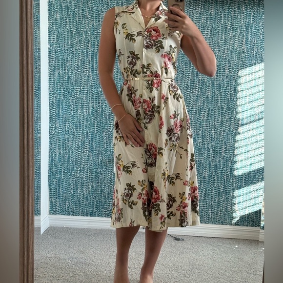 Floral Midi Dress in Cream and Pink - Picture 1 of 4